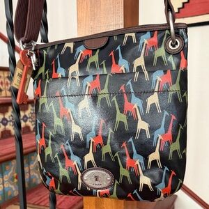 Fossil Black Crossbody Bag with Multicolor Giraffe Print